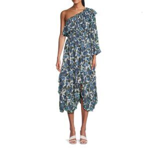 Misa Los Angeles Vola‎ Dress Blue Floral Azulia One-Shoulder Ruffled Size XS